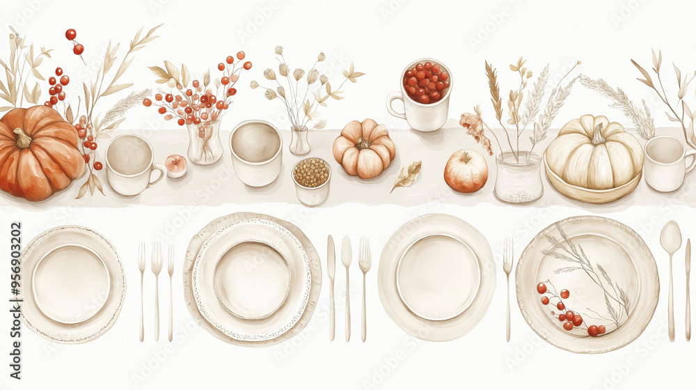 Wall mural a beautifully arranged autumn table setting with plates, cutlery, and seasonal decorations, perfect 