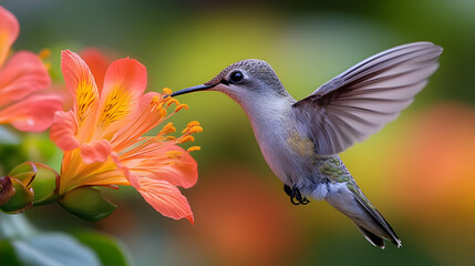Naklejka premium Hummingbird Feeding on a Flower, Photo