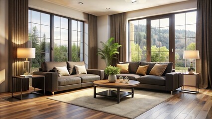 Fototapeta premium Cozy modern living room with cream-colored walls, dark wood floor, and large window, featuring a sleek black sofa and matching coffee table.