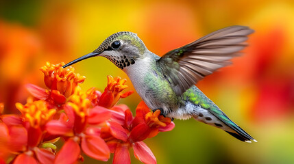Fototapeta premium Hummingbird Feeding on Red Flower - Illustration