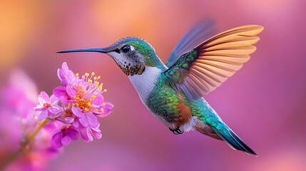 Fototapeta premium Hummingbird in Flight with Pink Flower - Illustration