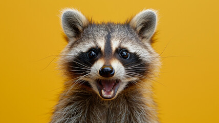 Obraz premium Angry raccoon on a yellow background close-up