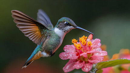 Fototapeta premium Hummingbird in Flight, Nectar and a Pink Flower, Bird Photography