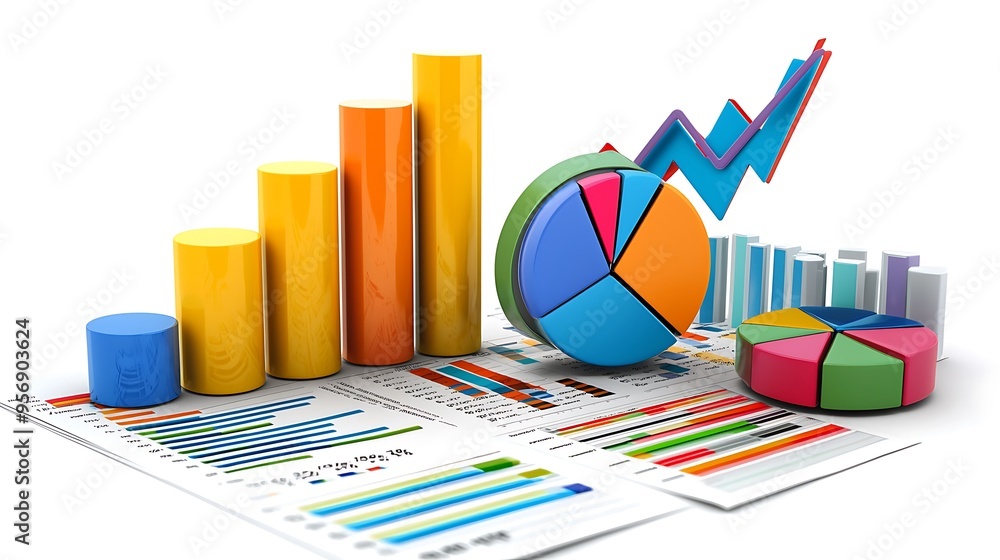 Poster a dynamic array of 3d bar charts, pie charts, line graphs, and spreadsheets brings business data to 