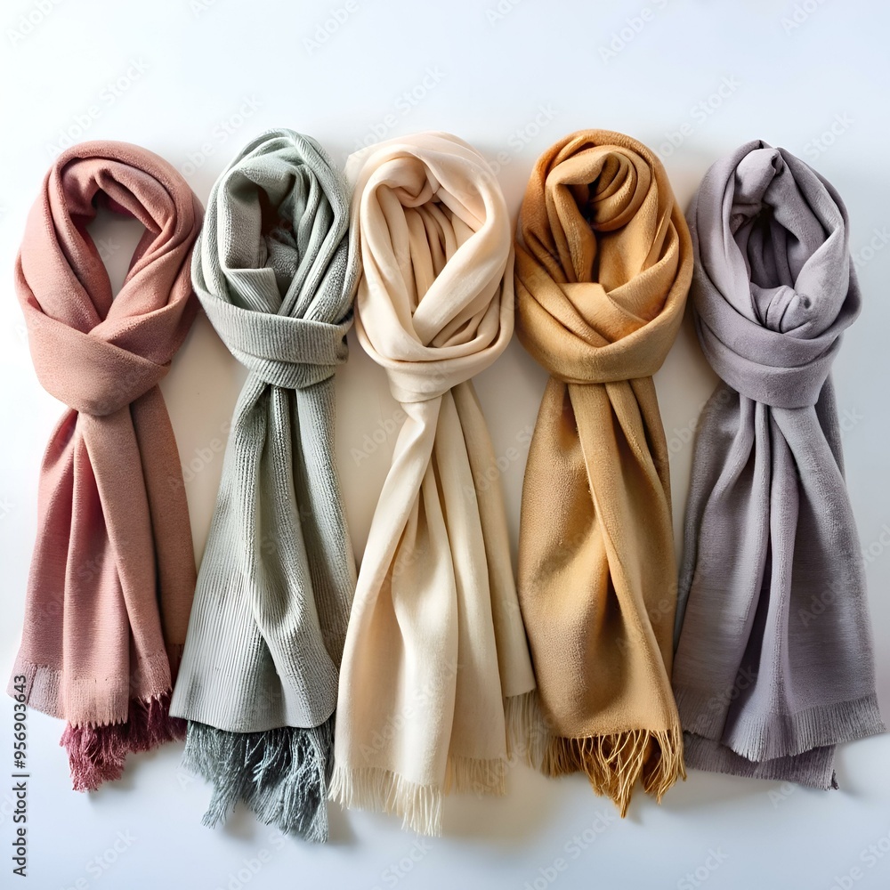 Poster five soft and stylish scarves in various colors. perfect for adding a touch of warmth and color to a