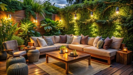 Obraz premium Cozy outdoor setting with comfortable couches and pillows surrounded by lush greenery, warm lighting, and a small wooden table, perfect for relaxation and leisure.