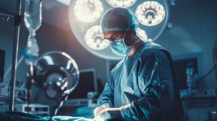 A surgeon in a well-lit operating room, skillfully performing surgery, highlights the precision and dedication of medical professionals.