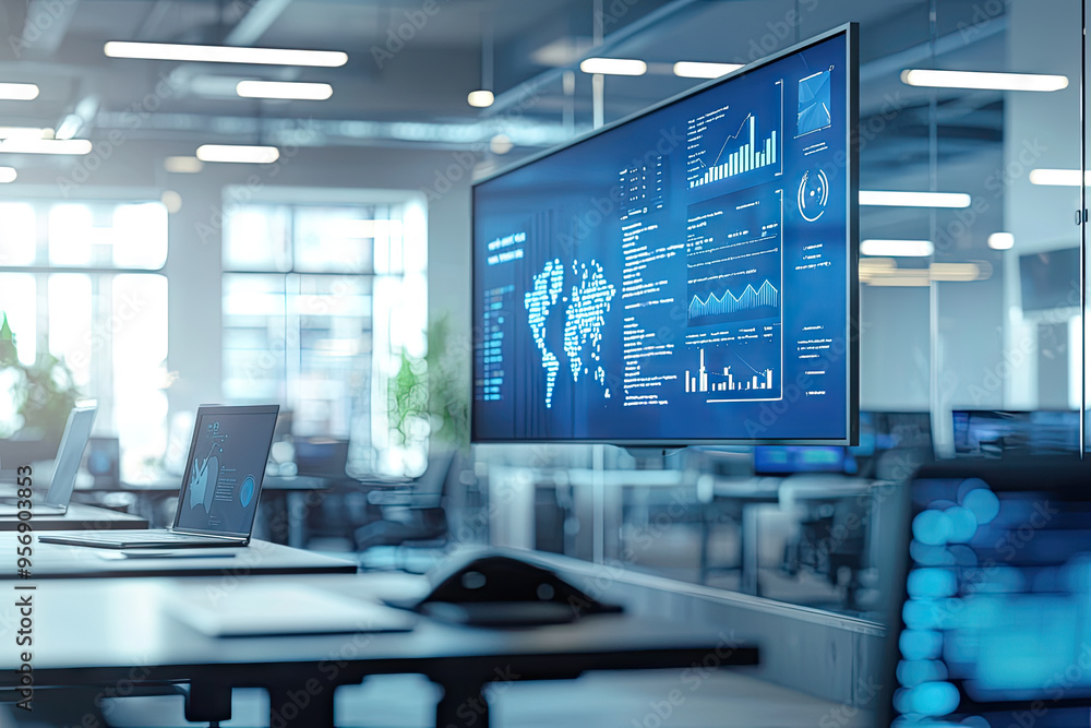Poster a glimpse into the future of work: modern office with smart technology and global data visualization