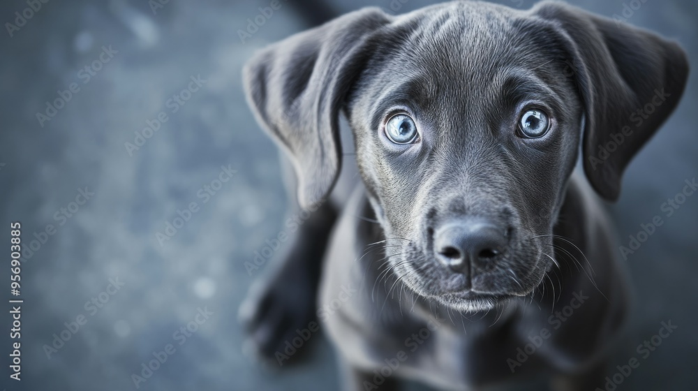 Poster high-definition image of a dog with an expressive face and floppy ears, sitting calmly and looking d
