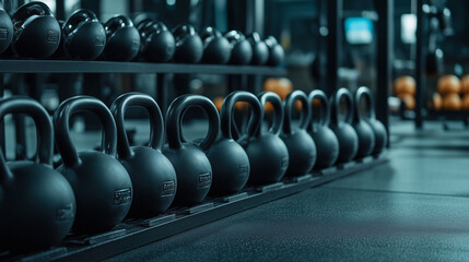 Close-up background image showcasing kettlebells neatly lined up on an equipment rack in a weight training gym