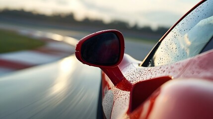 Sleek Sports Car Side Mirror with Digital Blind Spot Detection on Blurred Race Track