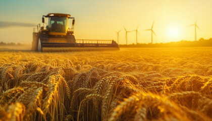 Fototapeta premium Modern combines work in huge fields of wheat. The wheat stalks flutter in the wind like waves
