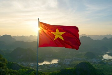 Vietnam National Flag, High quality photo of Vietnam National Flag flying in Ha Long, Vietnam at dawn with rolling hills and mountains in the background