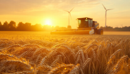 Fototapeta premium Modern combines work in huge fields of wheat. The wheat stalks flutter in the wind like waves