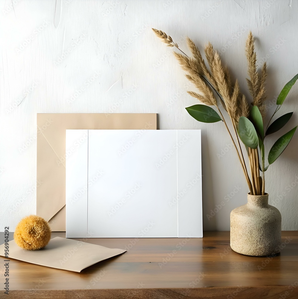 Poster a minimalist mockup featuring a blank card with a brown envelope. a vase with dried grass and a text