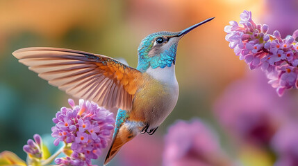 Fototapeta premium Hummingbird in Flight with Pink Flowers - Realistic Photo