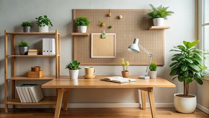 Fototapeta premium Cozy workspace featuring a compact wooden desk with a tidy arrangement of office supplies, a small potted plant, and a framed motivation board.