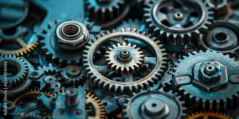 Aufkleber industrial engineering and technology concept with gears and cogs in a mechanical assembly