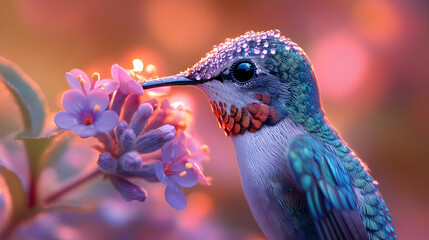 Fototapeta premium Hummingbird with Dew Drops Illustration