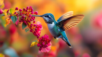 Fototapeta premium Hummingbird Feeding on Pink Flowers Illustration