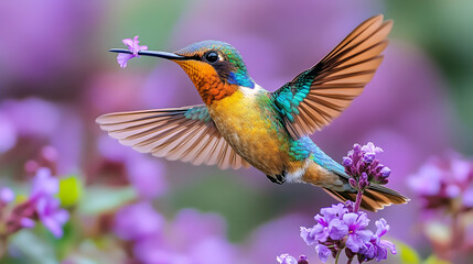 Fototapeta premium Hummingbird in Flight with Purple Flowers, Beautiful Bird with Colorful Feathers