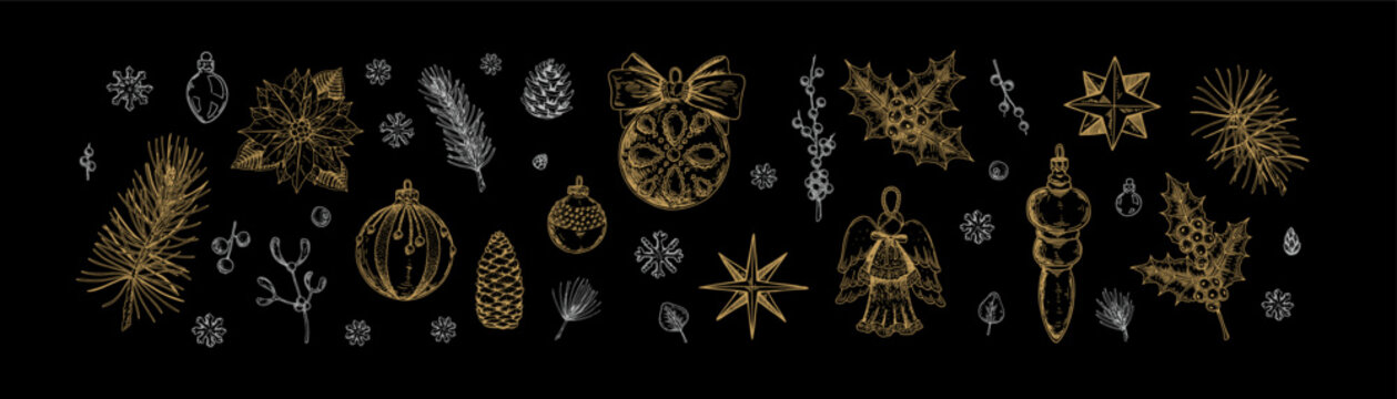 Set of Merry Christmas snd Happy New Year golden and silver luxury decoration. Christmas tree branches, mistletoe, poinsettia flower, balls, angel figure, stars in sketch style