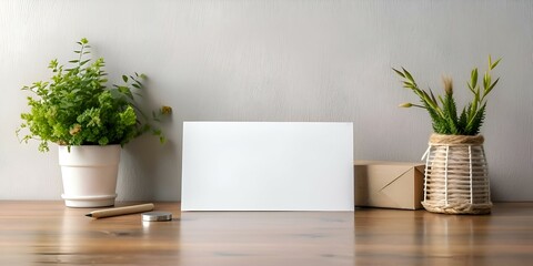 A simple yet elegant mockup featuring a blank card nestled between two potted plants.