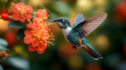 Fototapeta premium Hummingbird Feeding on Red Flowers - Wildlife Photography