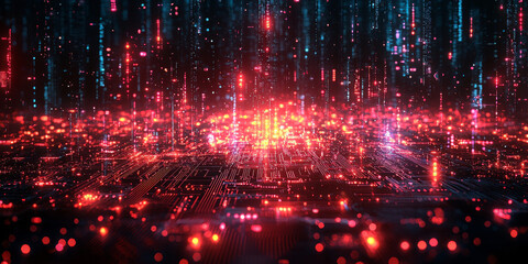 Abstract digital background with glowing red and blue lines, resembling a futuristic cityscape.