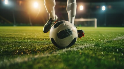 In a vivid night stadium, a soccer player prepares to kick the ball during an intense game moment under bright lights.