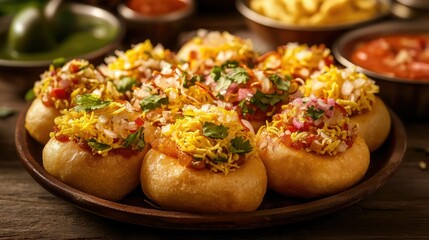High-definition image of a platter of Indian street food, including pani puri and bhel puri, with a focus on the fresh ingredients and vibrant presentation.