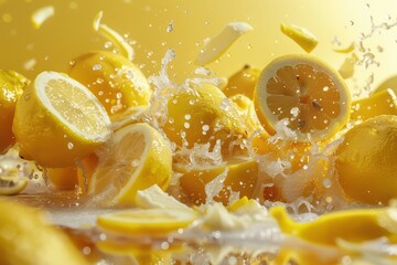 Fresh lemons splashing in water, capturing the vibrant essence of citrus fruit against a yellow backdrop.