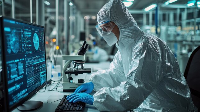 Scientist in protective gear analyzes data on a computer in a modern laboratory, showcasing advanced research and technology.