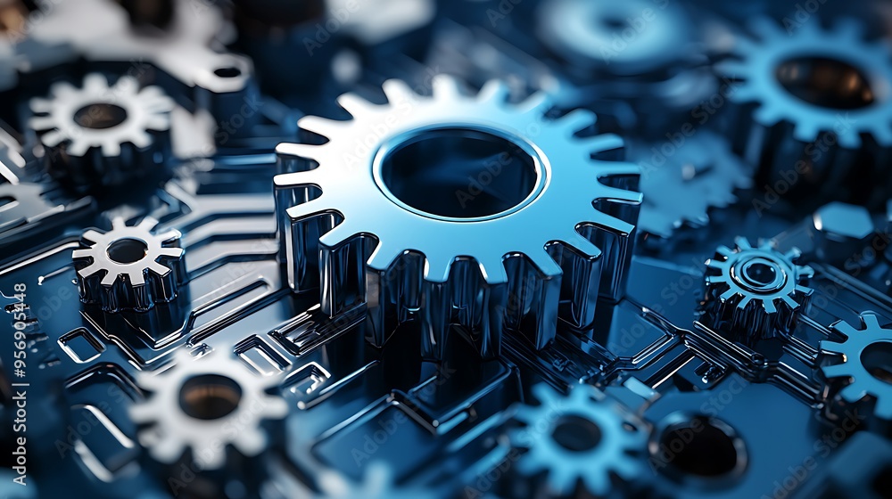 Poster shiny metallic gears interlock smoothly on a blue surface, symbolizing precision and engineering.