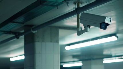 A surveillance camera installed in an underground facility with cold lighting, capturing a sense of watchfulness and industrial functionality.