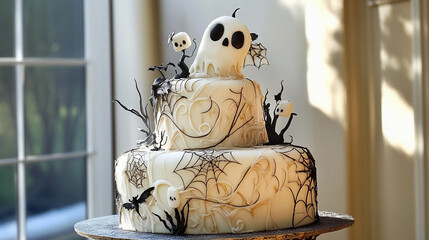 Large creative art cake decorated with ghosts for Halloween