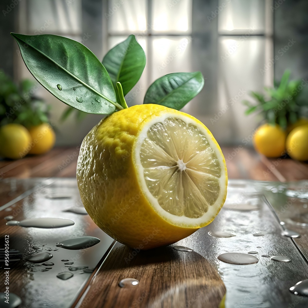 Aufkleber a juicy. realistic 3d rendering of a sliced citron with a fresh green leaf. perfect for adding a tou