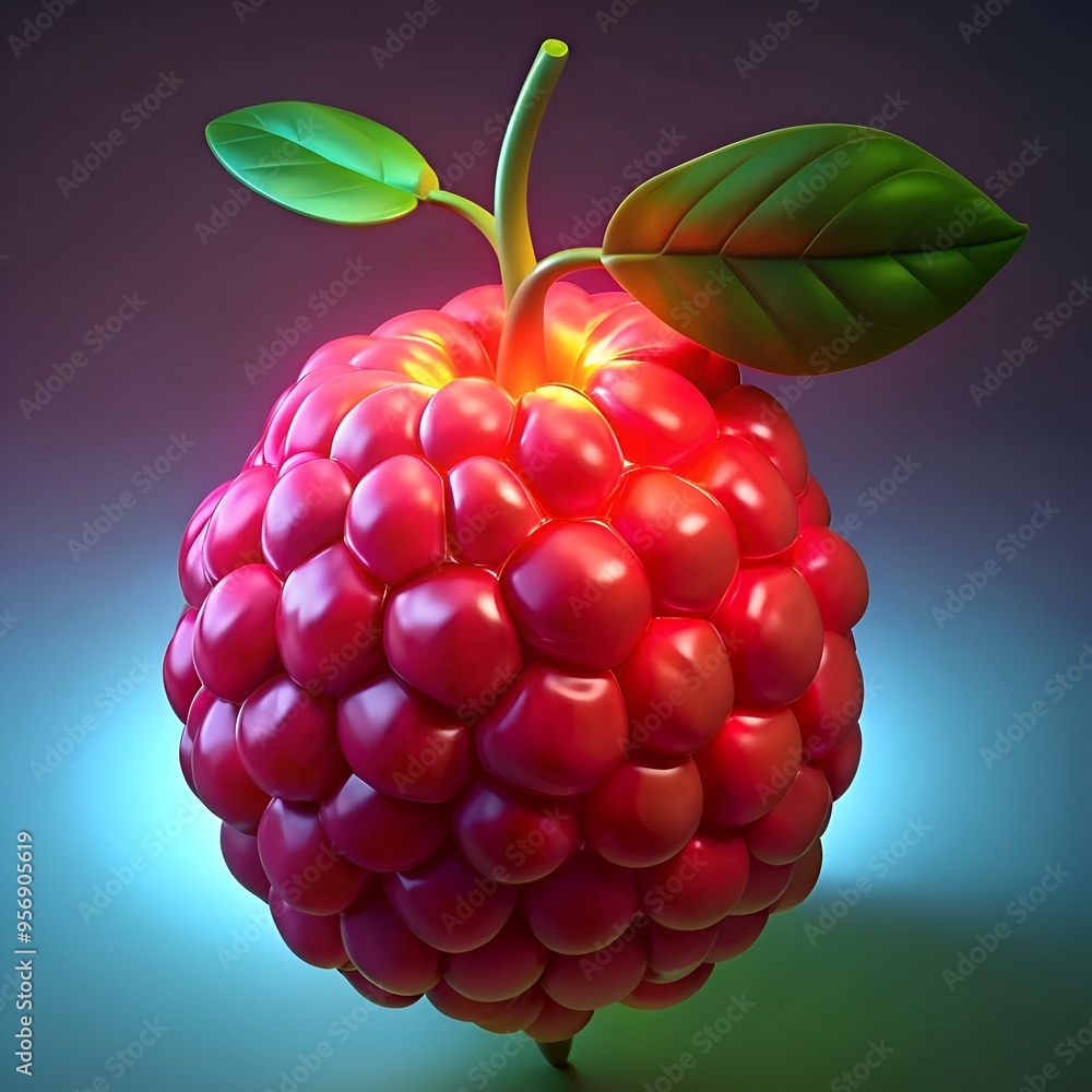 Poster A vibrant 3D rendering of a single red mulberry. rendered with a glossy finish and a single green leaf. perfect for adding a touch of freshness and natural sweetness to your designs.