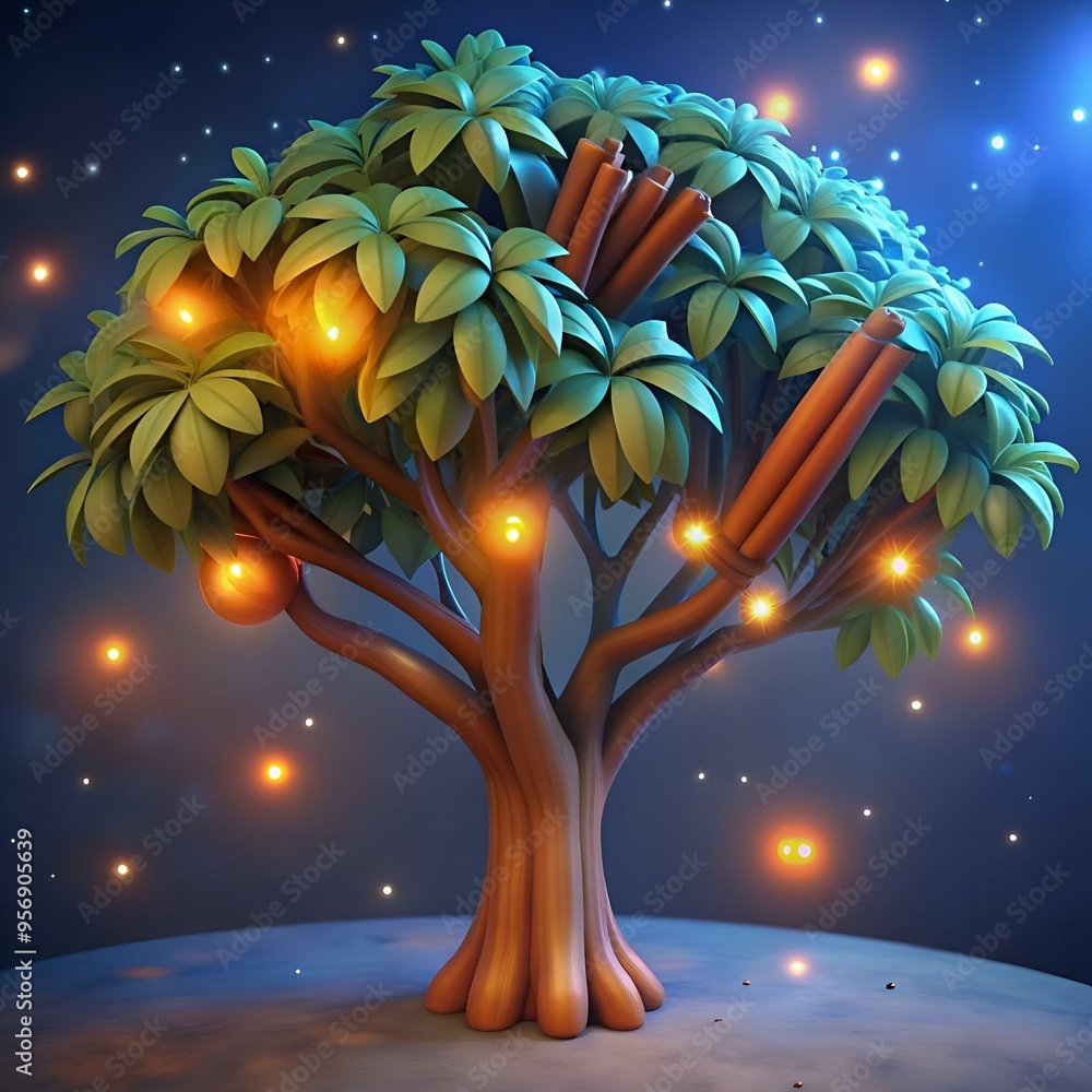 Poster a whimsical 3d illustration of a glowing cinnamon tree. perfect for adding a touch of magic to your 