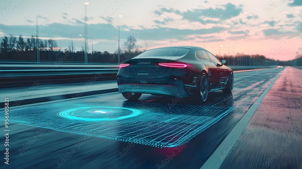 Poster autonomous vehicle navigating empty road with holographic safety indicators