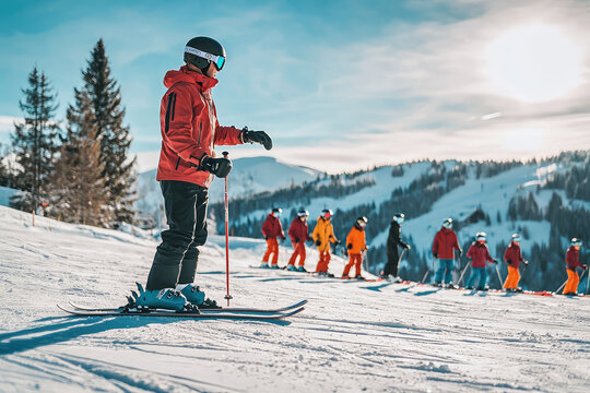 Mastering the Slopes: A ski instructor guides a group of beginners on a snowy mountainside, with a bright blue sky and sun-drenched peaks in the background.