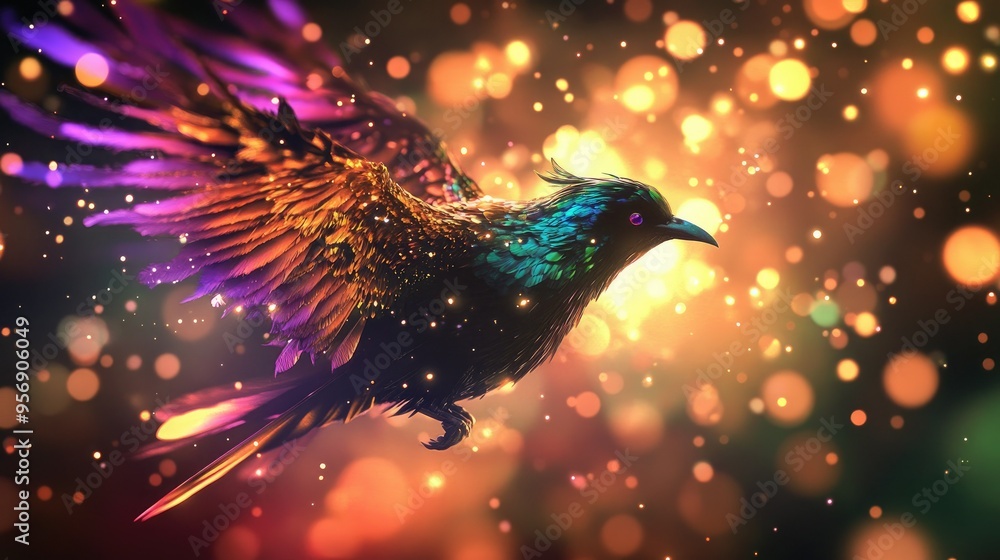 Poster high-definition shot of a bird with bright, iridescent feathers, set against a backdrop of abstract,