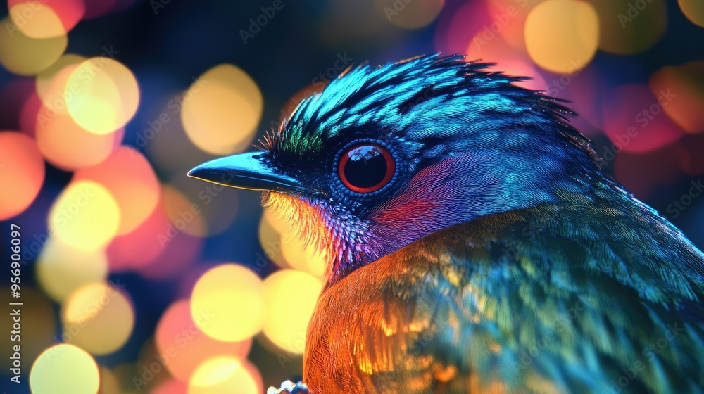 Poster high-definition shot of a bird with bright, iridescent feathers, set against a backdrop of abstract,