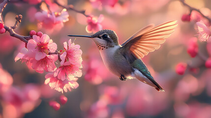Obraz premium Hummingbird in Flight with Pink Flowers - Realistic Image