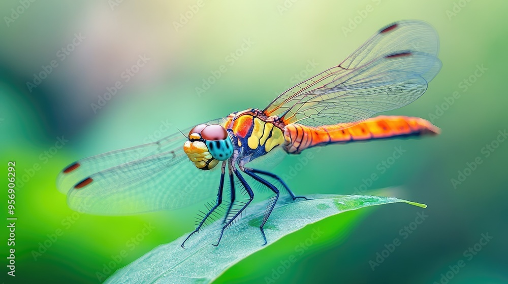 Poster high-definition shot of a dragonfly resting on a leaf, with a focus on its intricate wing patterns a