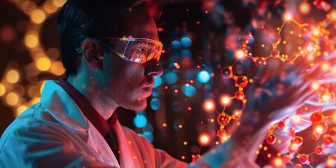 Scientist interacting with a holographic molecule structure, demonstrating molecular biology research
