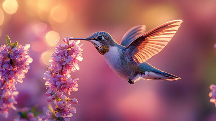Fototapeta premium Hummingbird in Flight with Pink Flowers - Realistic Image