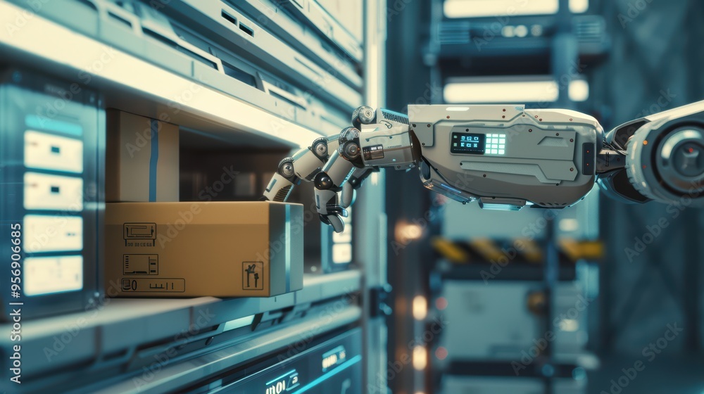 Poster futuristic robotic arm placing package in high-tech storage, illustrating automation and advanced te