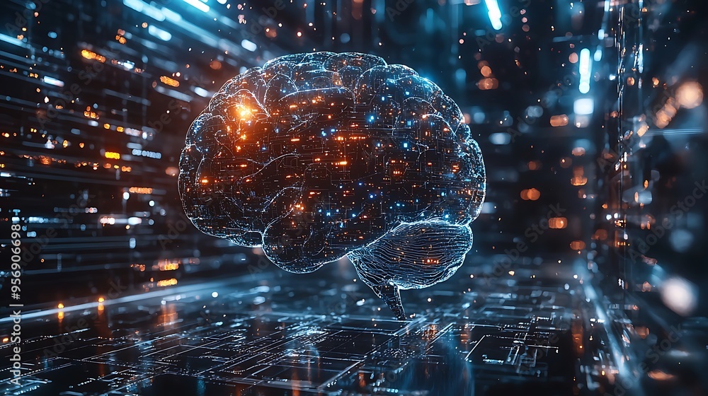 Poster an artificial intelligence concept features a digital brain, symbolizing the fusion of technology an
