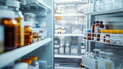 Organized shelves of medical supplies in a well-lit refrigerator, reflecting precision and cold storage requirements.